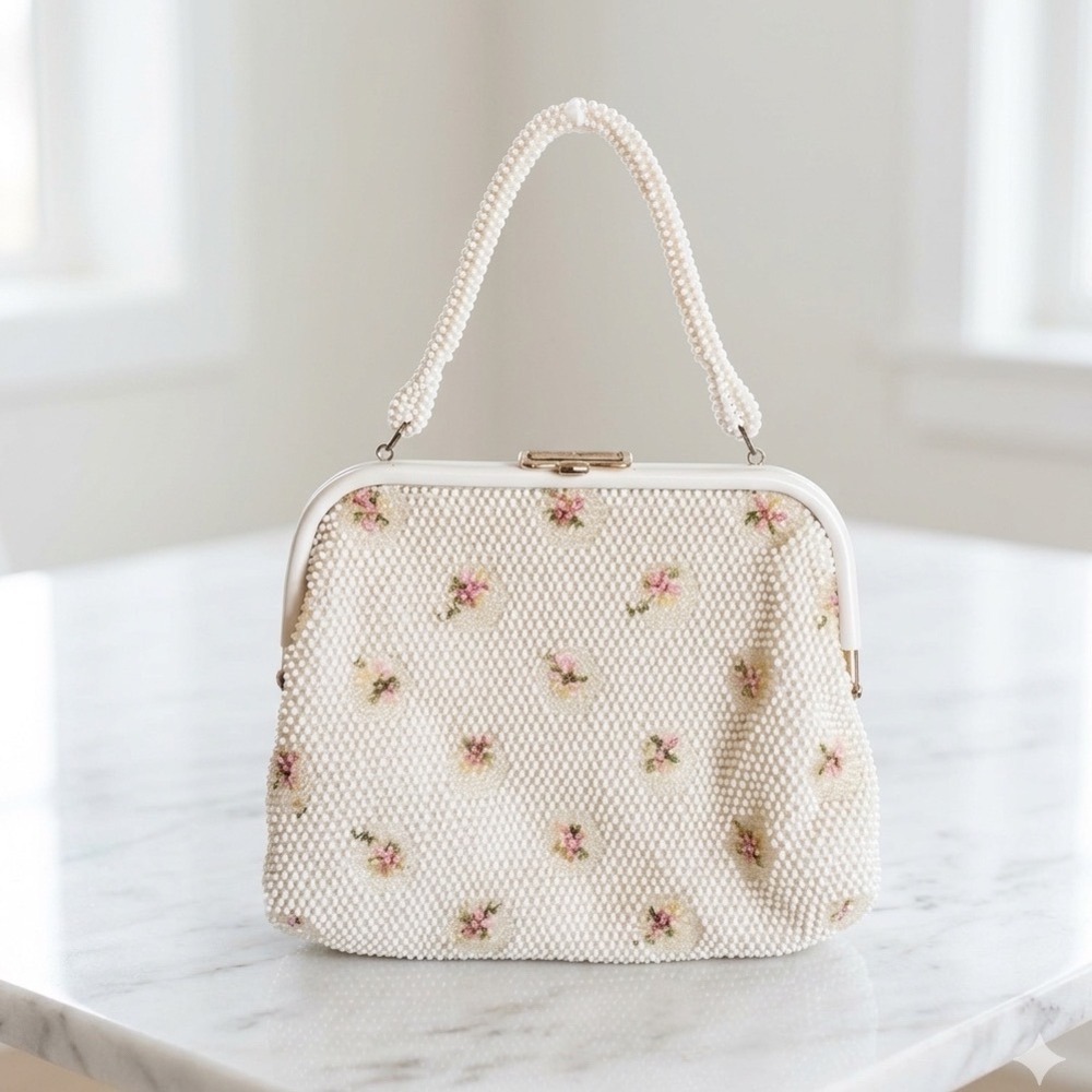 Vtg Beaded Floral Handbag Mid Century Kiss Lock Bag Purse Beaded Bag Girlies
